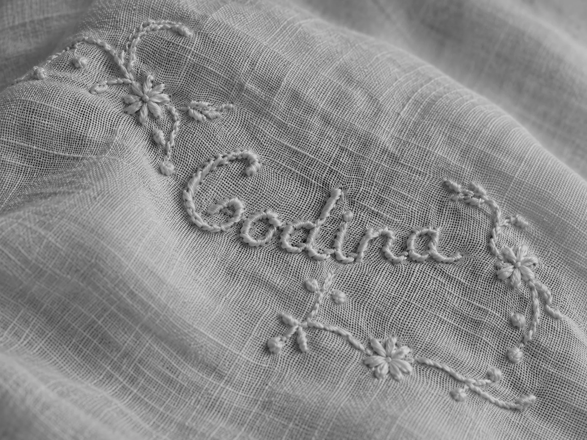 El cognom Codina brodat en blanc sobre un teixit fi, envoltat d'una sanefa de flors.